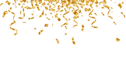 Festive background with falling golden confetti and shiny serpentine streamers for a party or celebration