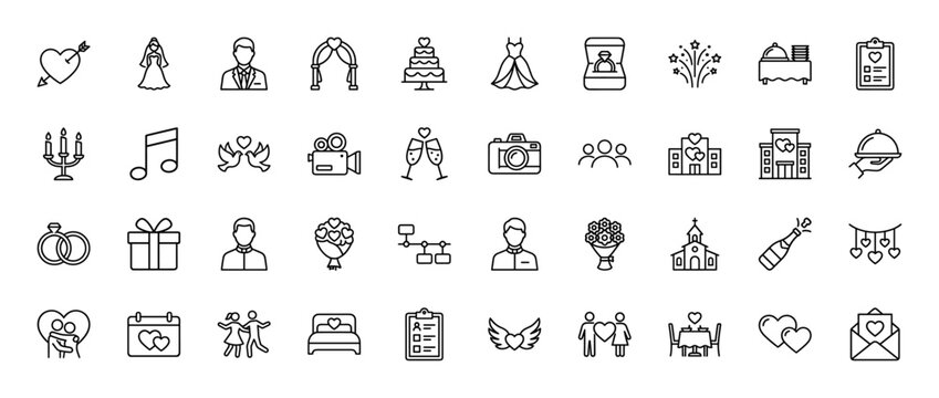 Wedding and marriage event line icon set. Vector pictograms of bride, groom, rings, cake, gift, and arch, thin linear illustration.