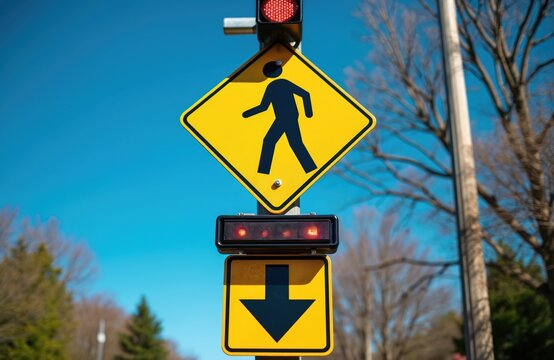 Pedestrian crossing sign flashes, alerts drivers. Yellow sign shows person walking. System protects people, cars. Beacon aids visibility. Urban street infrastructure for public safety using transit
