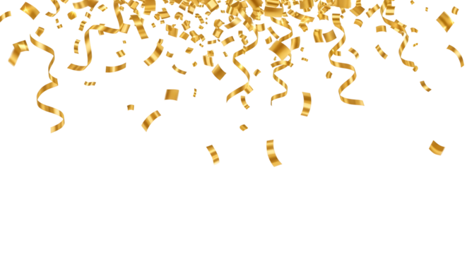 Festive background with falling golden confetti and shiny serpentine streamers for a party or celebration