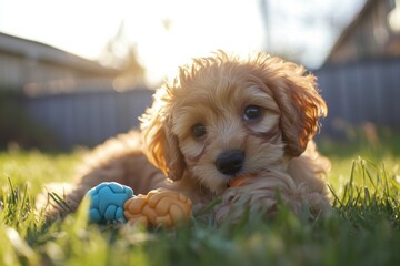 Adorable puppy playing in sunlit grass with colorful toys