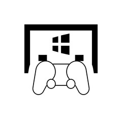 Illustration of a game console controller in front of a screen with a windows logo displayed centered