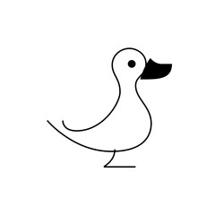 Simple line drawing of a white duck with a black beak and eye standing on the ground facing right