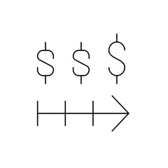 Three dollar symbols in ascending order above a time line with an arrow pointing to the right side
