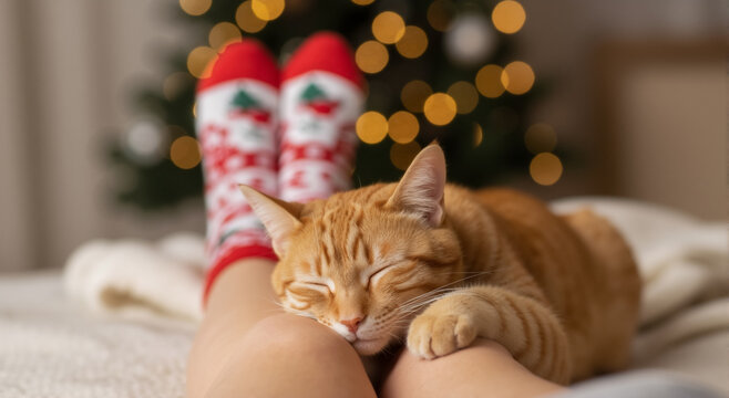Ginger cat sleeping on a person's lap during the christmas holidays. Cozy festive scene with a blurred tree and lights in the background