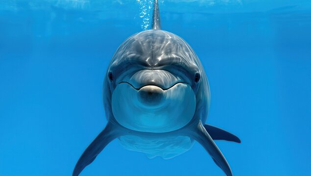 A detailed close-up shot of a dolphin swimming underwater, captured from the front