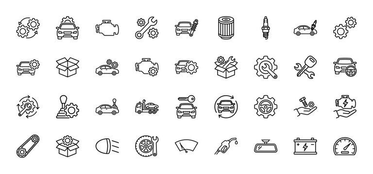 Automotive repair and service line icon set. Vector pictograms of car, engine, wrench, spark plug, and gears, thin linear illustration.