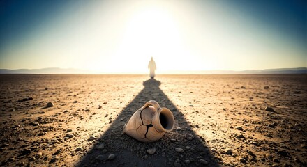 Figure of Jesus walking in desert during sunrise. Spiritual journey of faith and hope. Broken clay jug in long shadow