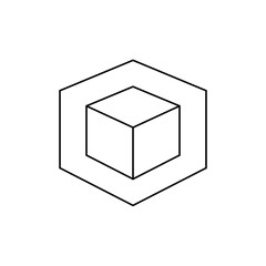 Isometric cube centered within a larger isometric hexagon shape outlined in black on a white background view