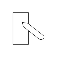 Illustration of a rectangular shape with a pointed object inserted into it at an angle, black outline