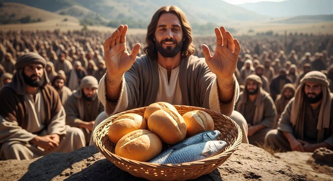 Jesus Christ blessing bread and fish to feed multitude. Biblical miracle of divine provision and faith. Christianity and gospel story