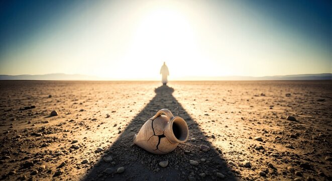 Figure of Jesus walking in desert during sunrise. Spiritual journey of faith and hope. Broken clay jug in long shadow