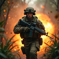 Obraz premium Soldier runs with rifle during battle. Man in combat uniform holds weapon. Explosions occur in background. War concept. Military action. Courage and bravery.