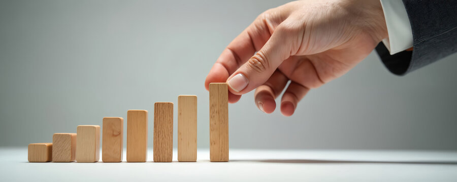 Hand of a businessman prevents a domino from falling. The image symbolizes business efficiency lean management and decision making. Concept represents leadership prevention and stability.