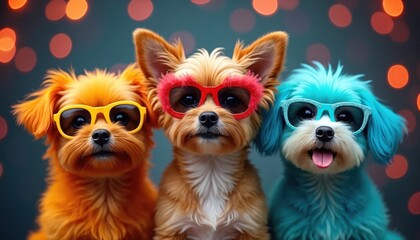 Three small dogs wearing colorful glasses pose together on festive background. Vibrant fur colors, yellow, red, blue, with playful expressions. Friendship highlighted in fun scene.