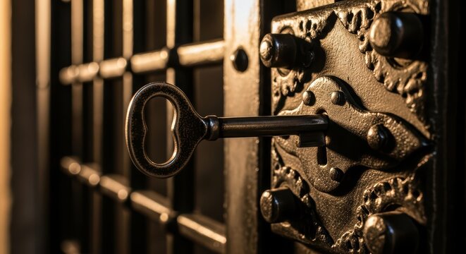 Antique iron key in ornate lock on vintage wooden door - Powered by Adobe