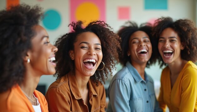 Four diverse young women share laughter in a modern office. Friends enjoy happy moment together working in creative startup. Teamwork, joy, and positive vibes fill the collaborative space. - Powered by Adobe