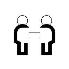 Two stylized figures facing each other with a horizontal equality symbol between them in black and white