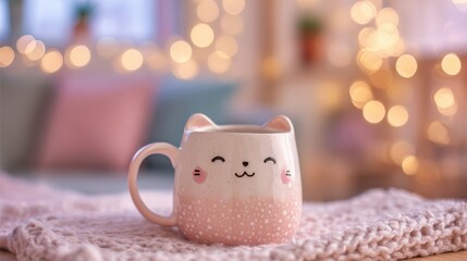 Ceramic mug with a sleepy kawaii cat face