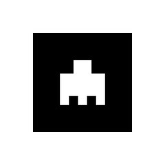 Abstract white pixelated figure with three bottom blocks on a black square background illustration image