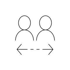 Illustration of two people icons facing each other with a dashed line and arrows between them in black and white