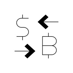 Illustration showing a dollar sign, a bitcoin symbol, and arrows indicating exchange directions clearly