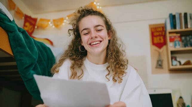 Happy female student smiling while reading good news on a letter in her dorm room. Cheerful young woman celebrating successful university exam results or a college acceptance