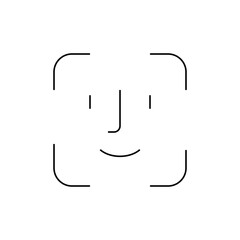 Minimalist face recognition icon with rounded corners and simple facial features in black and white design