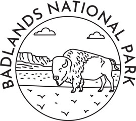 Badlands National Park - Bison monoline vintage outdoor badge design