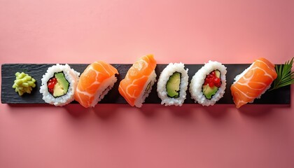 Assortment of salmon sushi rolls arranged on black slate. Rice, avocado, salmon, and roe maki feature. Green garnish adds pop. Minimalist presentation on pink backdrop.