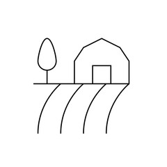 Minimalist outline of a barn with a tree beside it and curved lines representing fields in black and white