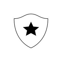 A simple outline of a shield shape with a solid black star centered inside the shield design icon
