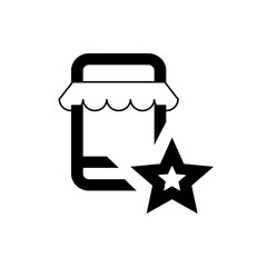 Illustration of a store front with a scalloped awning and a star icon next to it in black and white