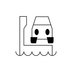 A simple black and white line drawing of a car ferry with water waves underneath the platform