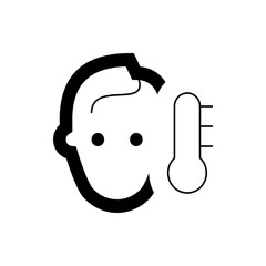 Illustration of a person's head with a thermometer indicating fever or illness measurement symbol