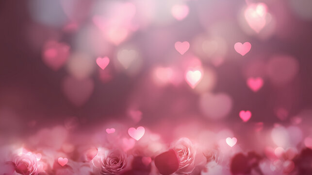 Pink romantic heart bokeh background with soft roses for love and valentine