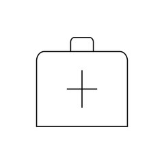 Outlined first aid kit with a handle and a plus sign on the front in a simple minimalist design style