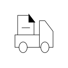 Illustration of a delivery truck carrying a box with an arrow pointing upwards, rendered in simple line art