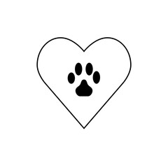 Heart outline containing a black paw print symbolizing love for pets and animal companionship design art