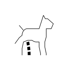 Illustration of a standing dog with a short tail and three squares on its hind leg, outlined in black