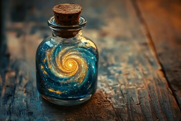 Cosmic spiral in a glass bottle on wooden surface at sunset