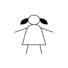Simple stick figure drawing of a girl with pigtails, a dress, and outstretched arms in black and white style