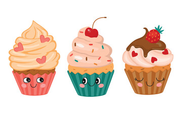 Cartoon cupcakes set. Cute desserts with faces and decorated with cream, hearts, cherries, strawberries and sprinkles. Vector objects isolated on white background. Food illustrations for banner, card.