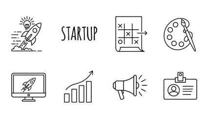 Minimalist line art icon set for business startups, featuring symbols for launch, strategy, growth, and marketing