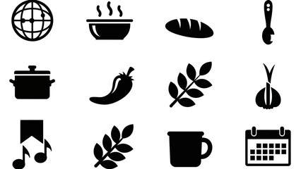 Comprehensive Set of Food and Kitchen Icons, Featuring Diverse Culinary Ingredients, Cooking Utensils, and Meal Preparation Symbols for Graphic Design Projects