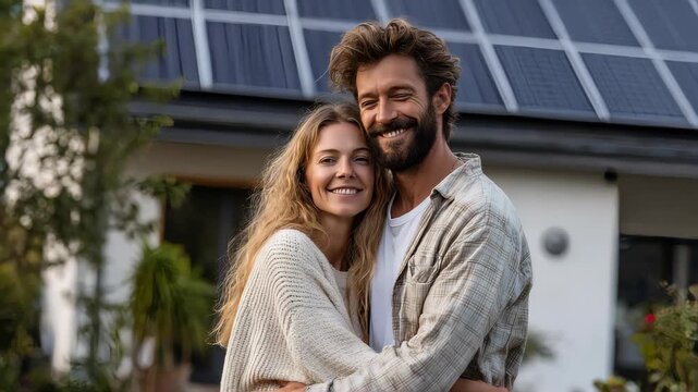 Joyful couple embracing in front of a house equipped with solar panels, showcasing sustainable actions and green living