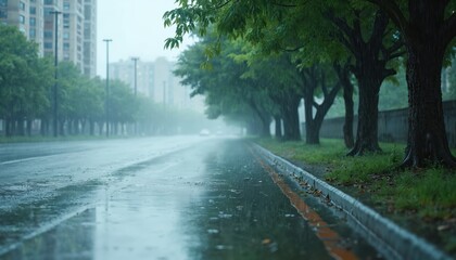 Heavy rain falls on an urban street. Water covers the road and sidewalk with trees lining the side. Buildings are barely visible through the misty weather. Extreme weather event impacts city.