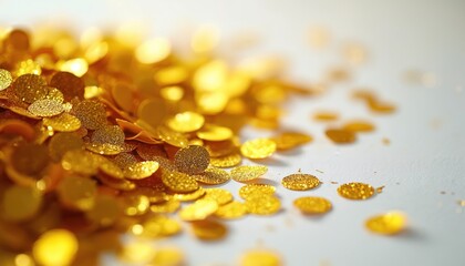 Scattered shiny gold confetti dots on clean white surface. Round metallic pieces sparkle, creating abstract festive pattern. Bright abstract background texture detail.