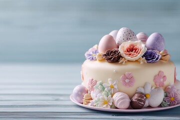 Pastel Easter cake decorated with flowers and chocolate eggs