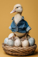 Cute duckling in denim jacket standing on eggs in nest